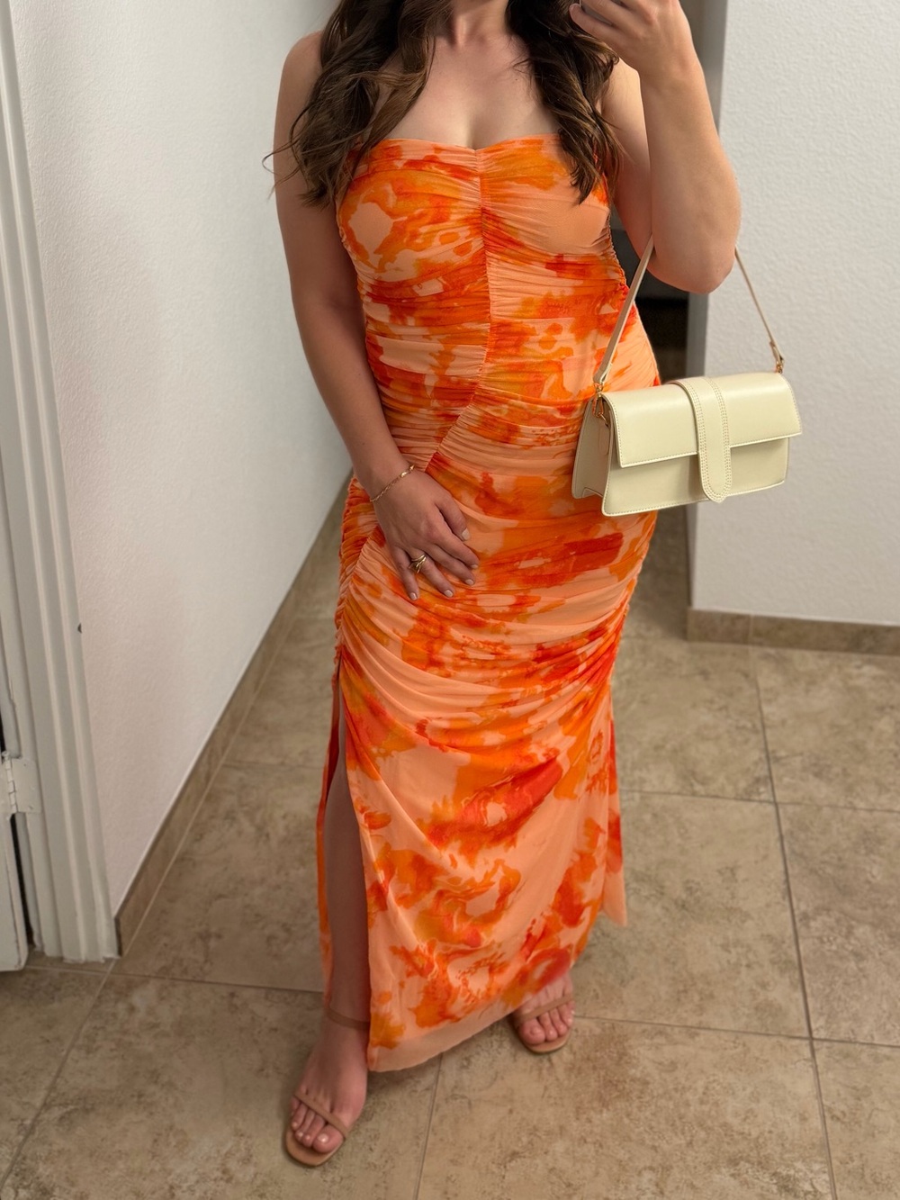 Abercrombie & Fitch Orange Watercolor Strapless Maxi Dress